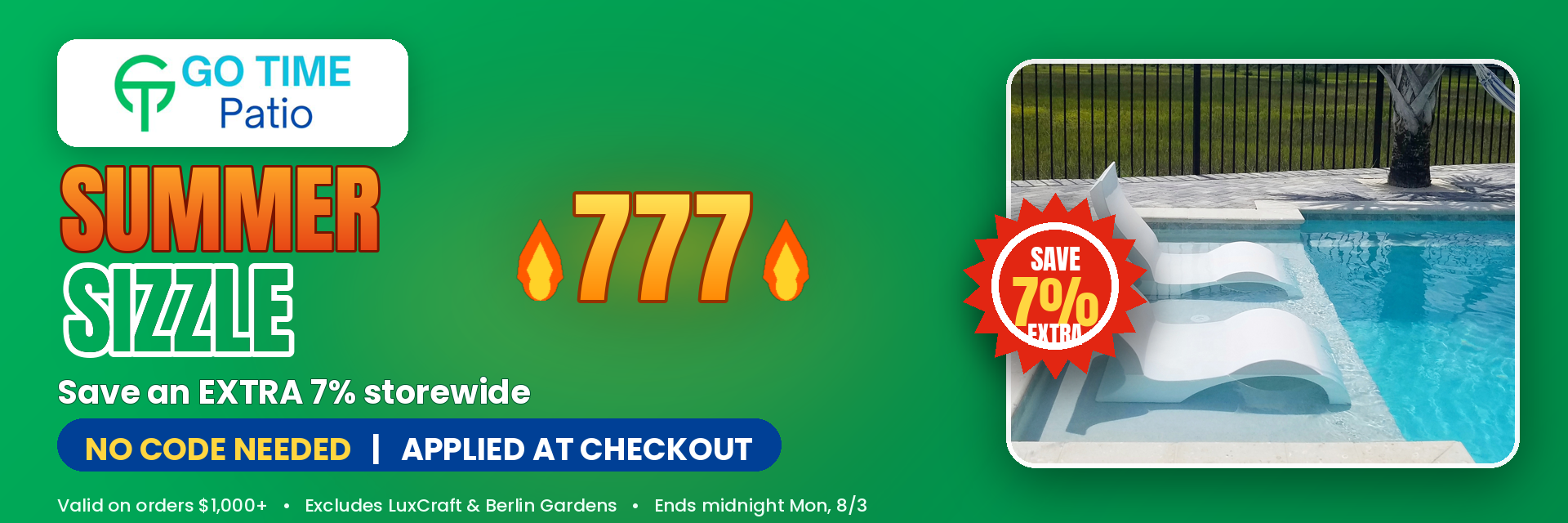 Promotional banner for Go Time Patio featuring a swimming pool scene on the right, large text reading 'Summer Sizzle' and '777' on a green background, and a red sale badge offering 79 off.