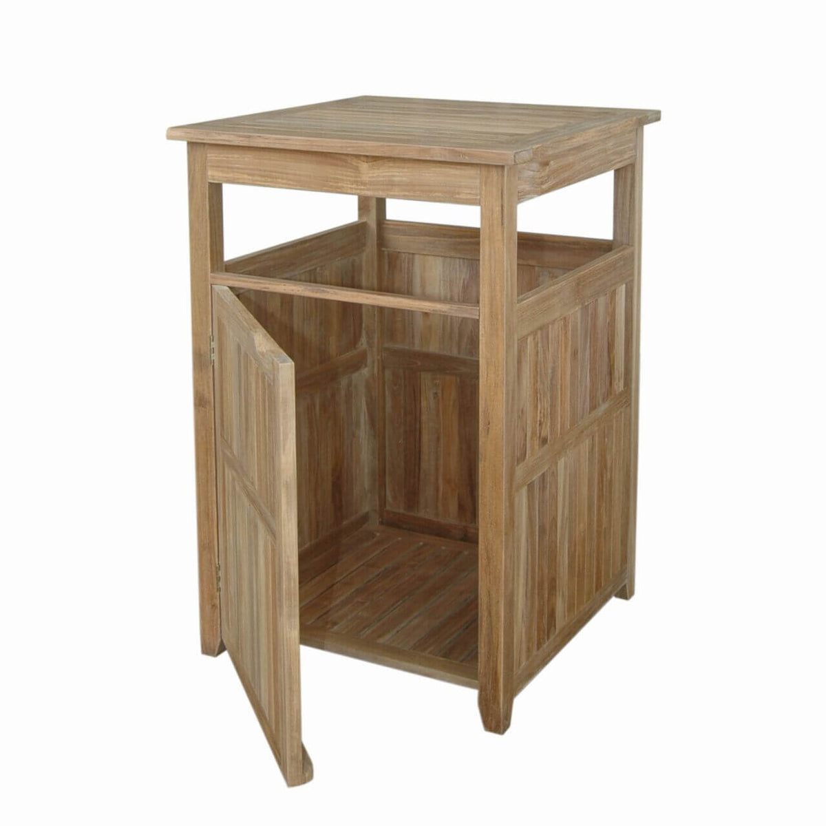 Anderson Teak Cabana Large Trash Can Front View of Shelf Configuration