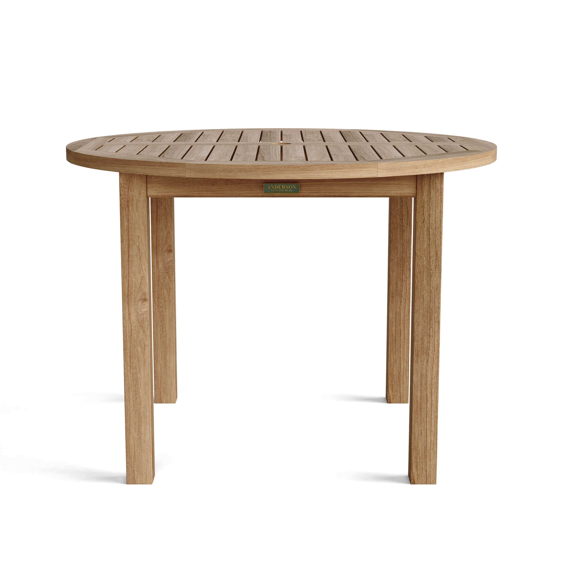 42" round teak outdoor dining table with natural finish