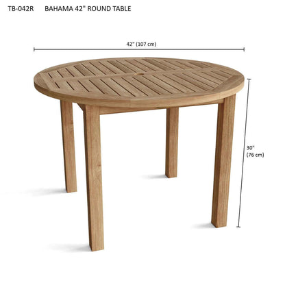 42" round teak outdoor dining table with natural finish