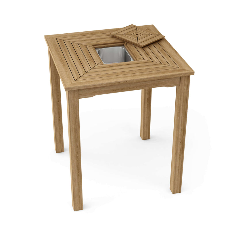 Anderson Teak Ice Chiller Bar Table with integrated stainless steel bucket providing easy access to ice and seats 2-4 people