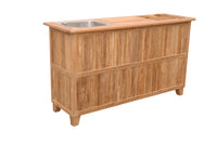 Anderson Teak Outdoor Bar Table Equipped with 7 drawers and 1 cabinet, wine glass hangers, removable ice bucket and integrated aluminum sink