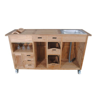 Anderson Teak Outdoor Bar Table Equipped with 7 drawers and 1 cabinet, wine glass hangers, removable ice bucket and integrated aluminum sink