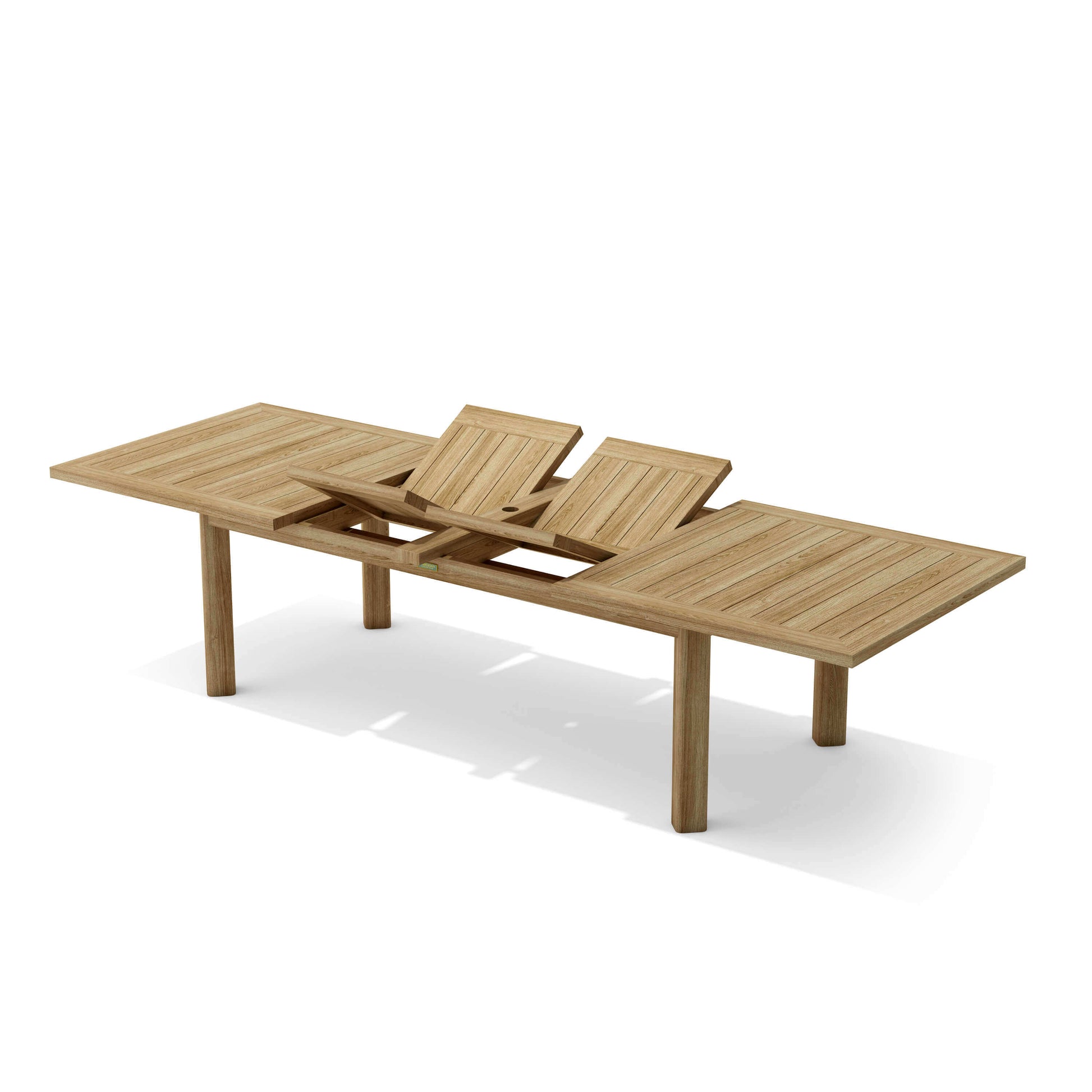 Teak rectangular double extension outdoor dining table, seats up to 12 people for large dinners or parties