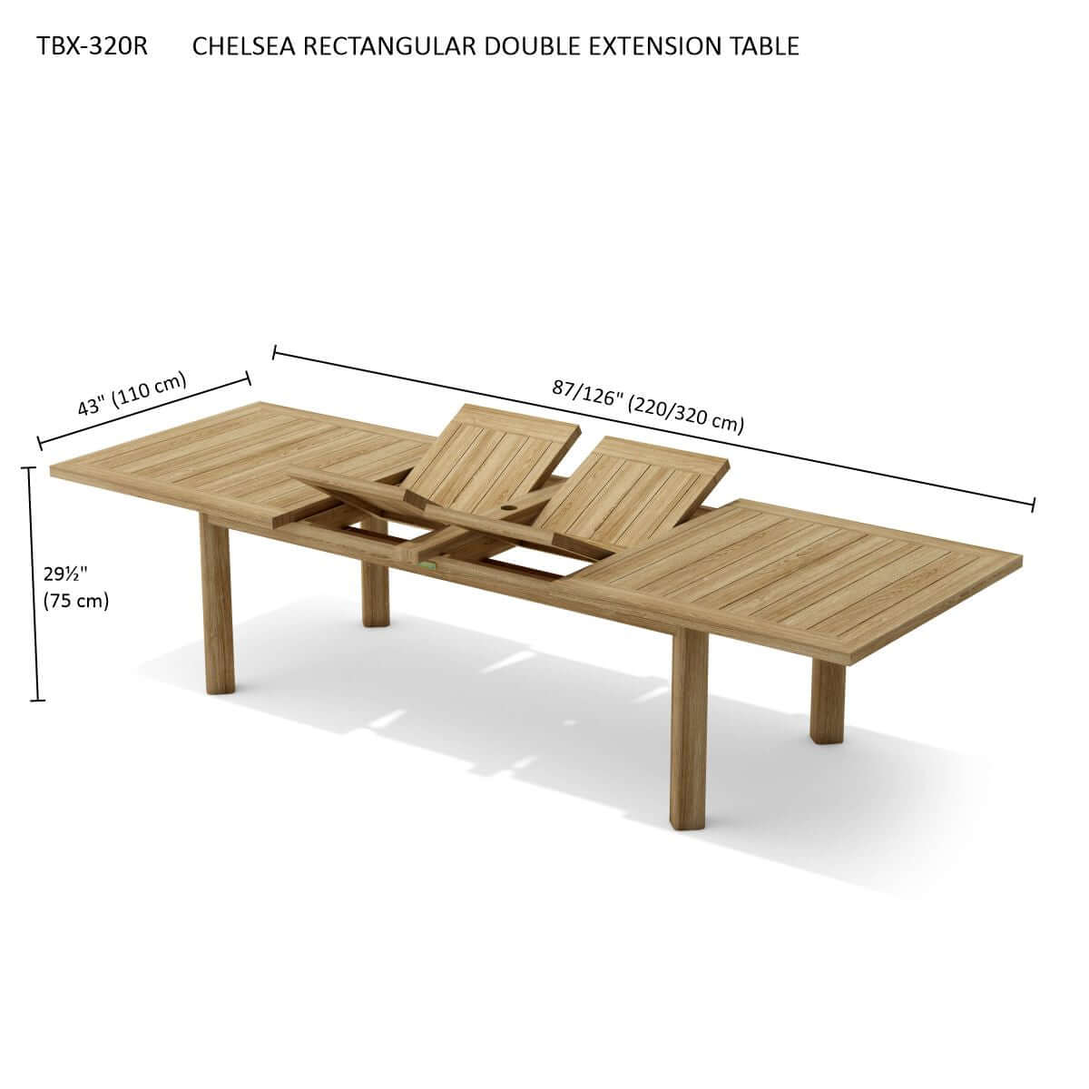 Teak rectangular double extension outdoor dining table, seats up to 12 people for large dinners or parties