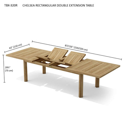 Teak rectangular double extension outdoor dining table, seats up to 12 people for large dinners or parties