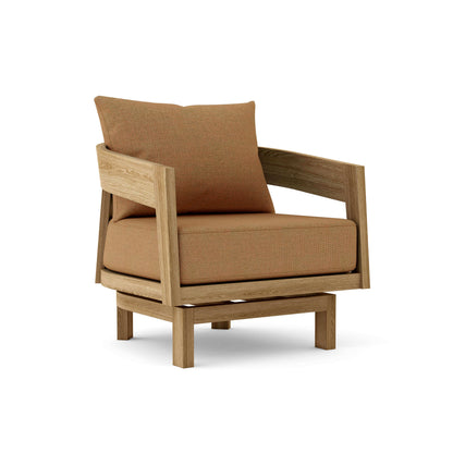 Teak outdoor swivel lounge chair with 6" Sunbrella cushions features a 360-degree rotation that locks in any position