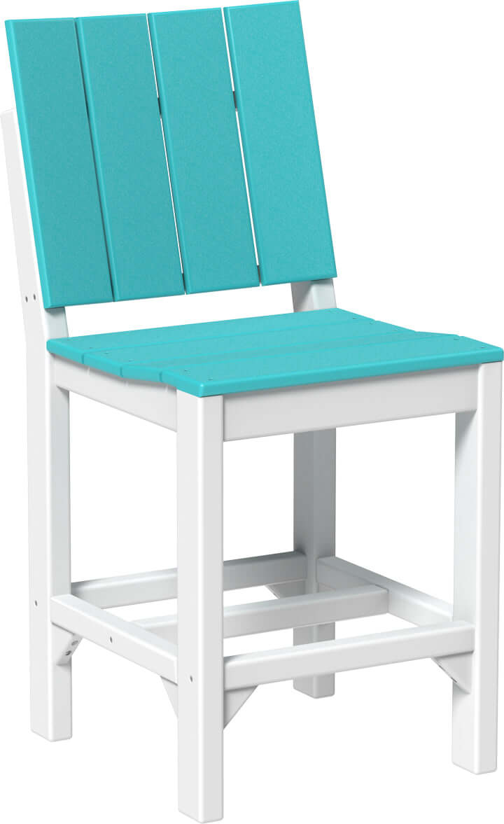 LuxCraft Outdoor Urban Side Chair | Counter Height in Aruba Blue and White — side profile view, wide-armrest patio chair