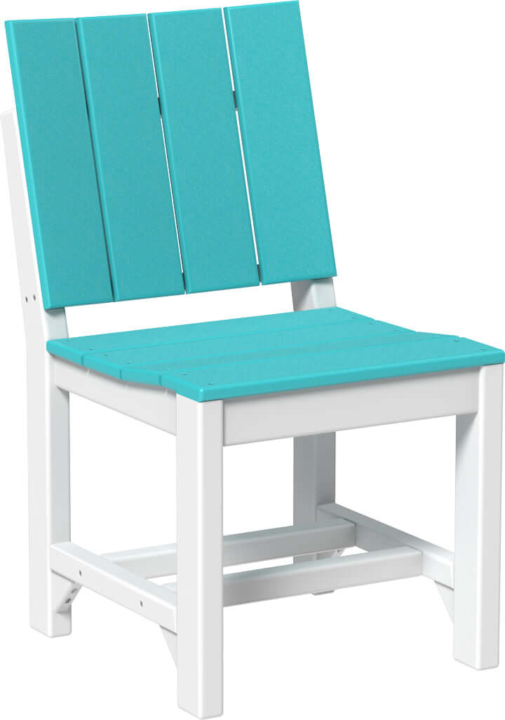 LuxCraft Urban Dining Table Set with Urban Side Chairs in Aruba Blue and White — side profile view, umbrella hole with cap