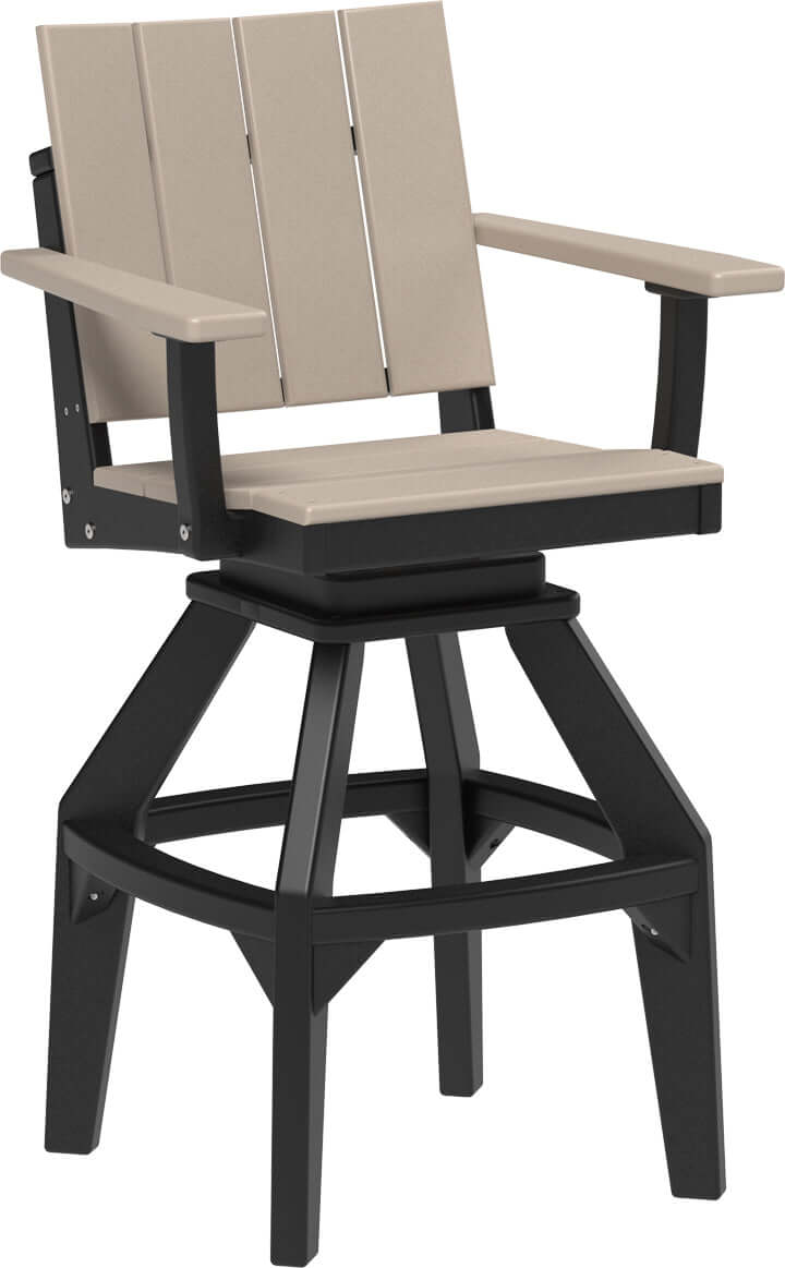 LuxCraft Urban Swivel Chair | Bar Height in Weatherwood and Black — recycled poly outdoor chair for outdoor patio seating