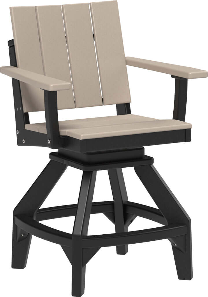 LuxCraft Urban Swivel Chair | Counter Height in Weatherwood and Black — recycled poly outdoor chair for outdoor patio seating