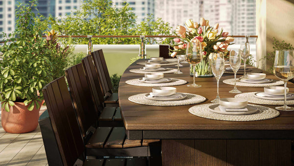 LuxCraft oval outdoor dining table 11-piece set includes 1 dining table, 2 arm chairs and 8 side chairs made from eco-friendly materials