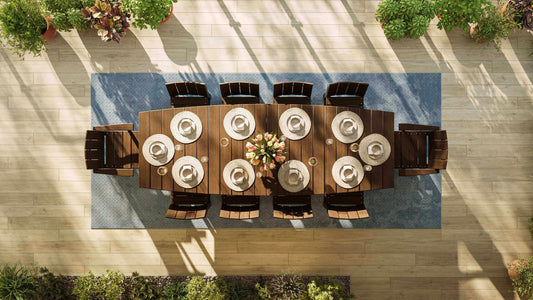 LuxCraft oval outdoor dining table 11-piece set includes 1 dining table, 2 arm chairs and 8 side chairs made from eco-friendly materials
