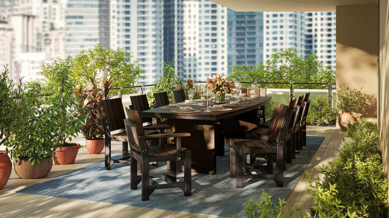 LuxCraft oval outdoor dining table 11-piece set includes 1 dining table, 2 arm chairs and 8 side chairs made from eco-friendly materials