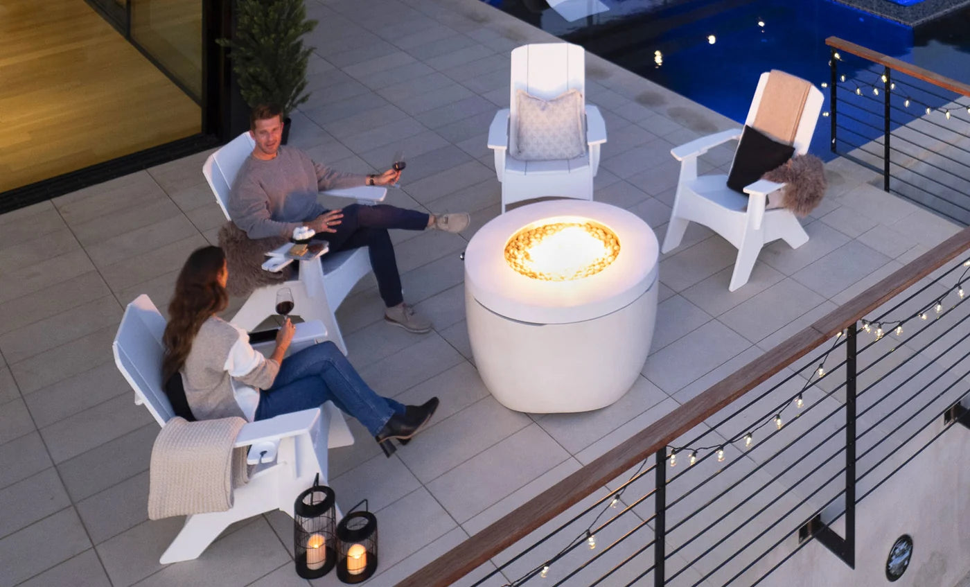 Ledge Halo Propane 40" Firepit with Set of 4 Adirondack Chairs