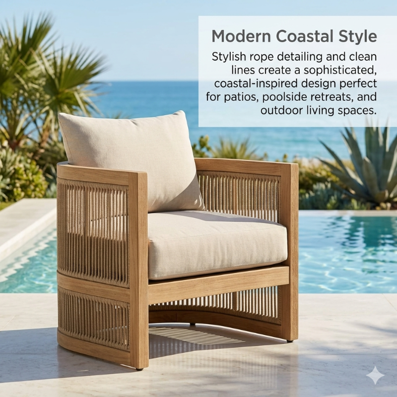 Modern coastal style outdoor lounge chair with beige cushions by a pool, with text describing modern coastal style.