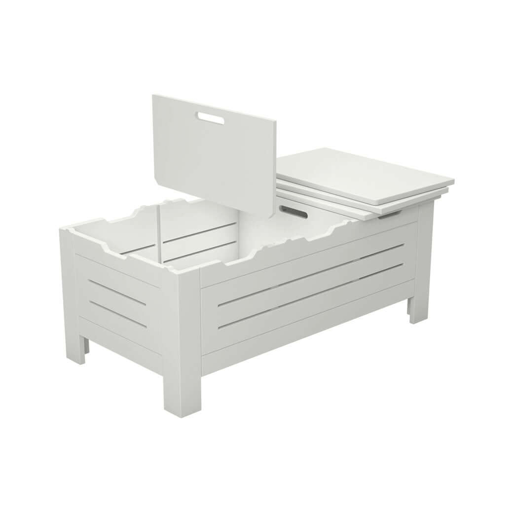 White coffee table with a lid on a white background showing storage capability