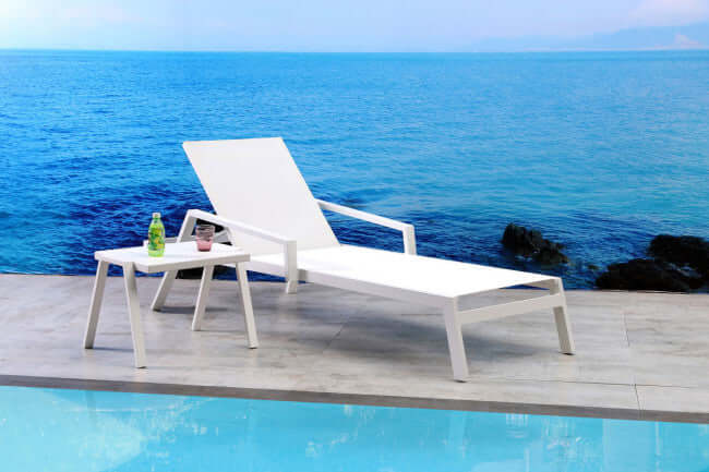Panama Jack sling chaise lounger made with strong powder-coated finish resistant to corroding and scratching