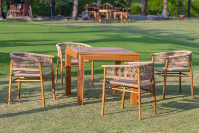 Panama Jack 5-piece square outdoor dining table set made with solid Acacia wood construction and fast drying tan rope