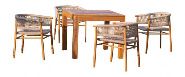 Panama Jack 5-piece square outdoor dining table set made with solid Acacia wood construction and fast drying tan rope