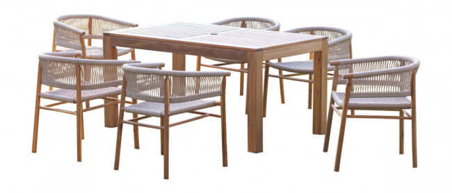 Panama Jack 7-piece rectangular outdoor dining table set made with solid Acacia wood construction and fast drying tan rope