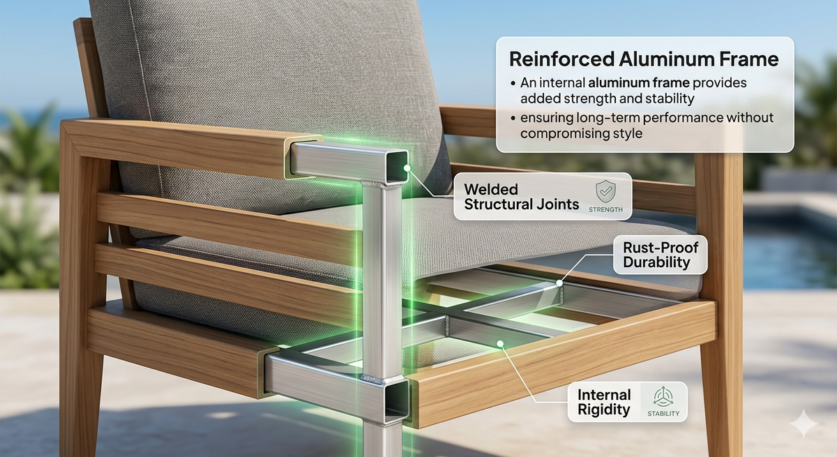 Wooden outdoor lounge chair with reinforced aluminum frame and structural joints highlighted, set against a blurred outdoor background.