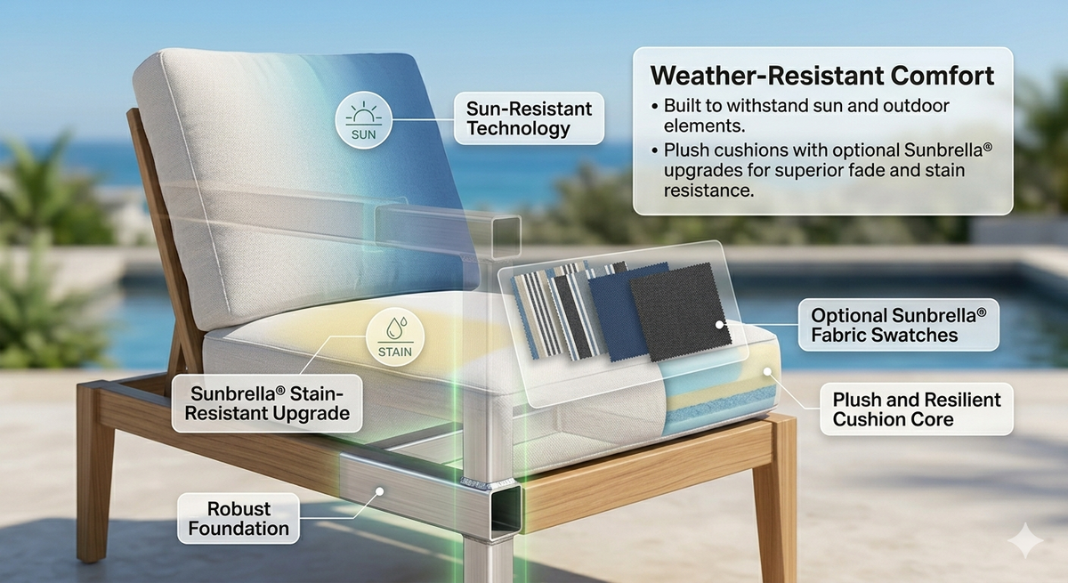 Chaise lounge with weather-resistant technology features highlighted on a blurred beach background